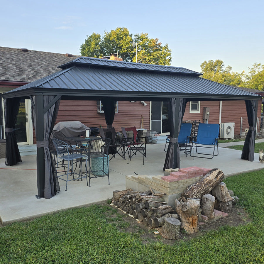 PURPLE LEAF Patio Gazebo for Backyard Grey Hardtop Galvanized Steel Roof Awning with Upgrade Curtain