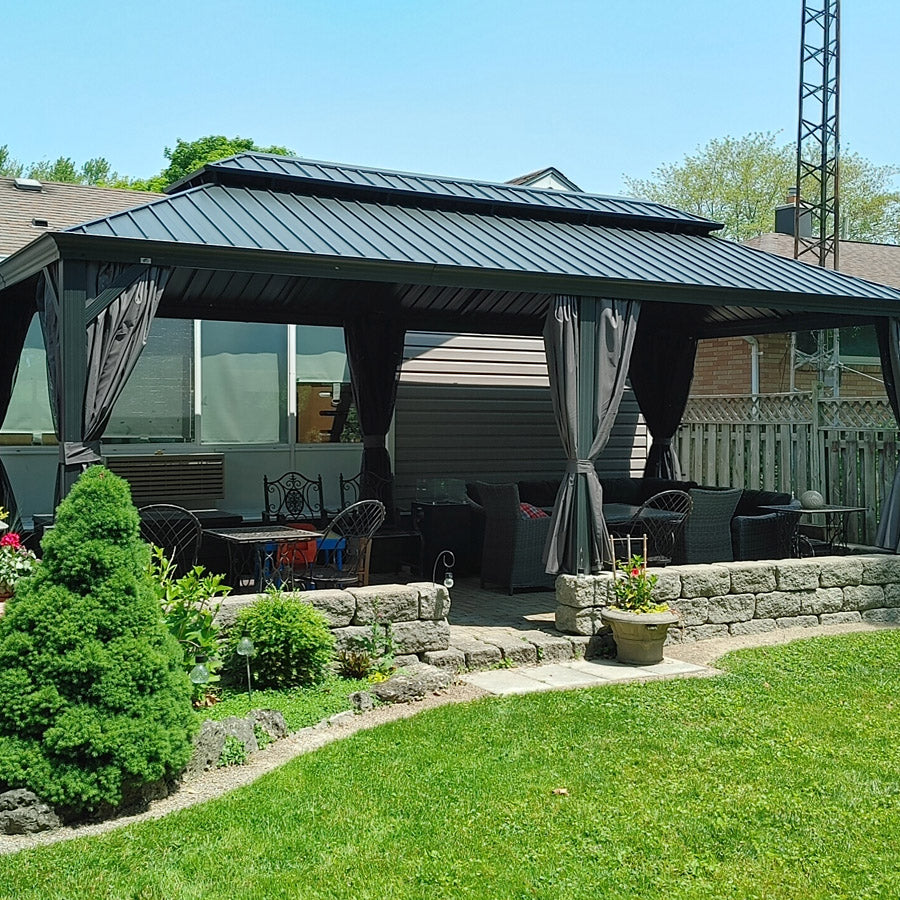 PURPLE LEAF Patio Gazebo for Backyard Grey Hardtop Galvanized Steel Roof Awning with Upgrade Curtain