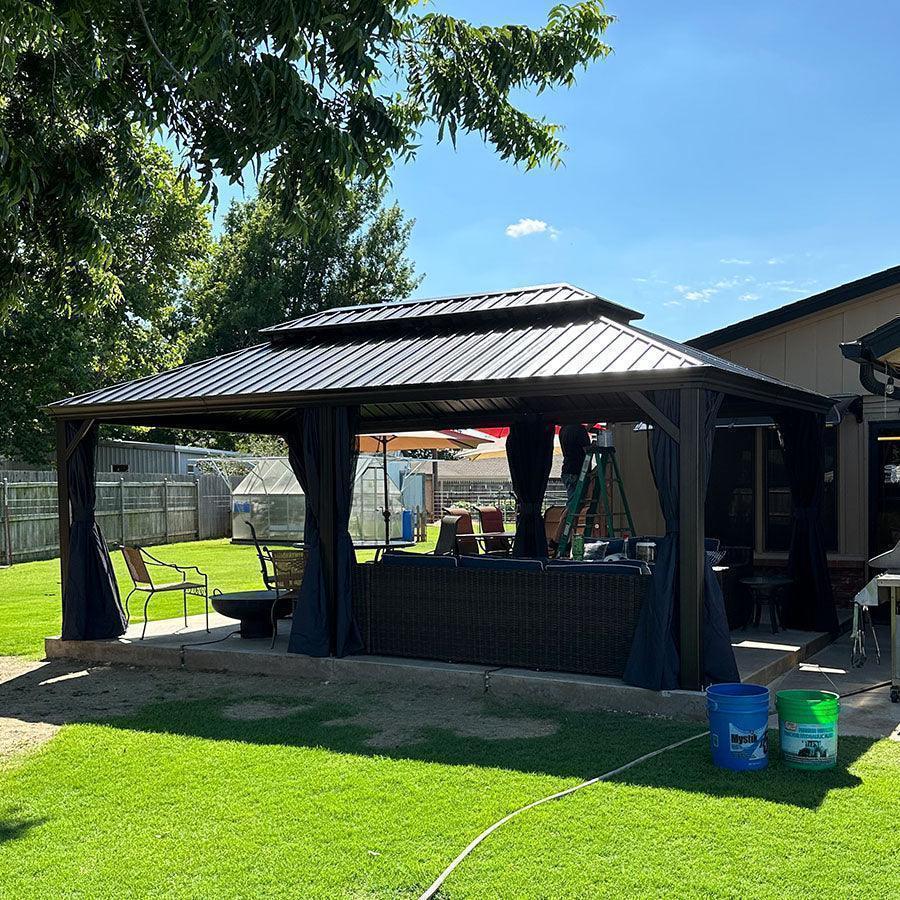 PURPLE LEAF Outdoor Hardtop Gazebo for Patio Bronze Aluminum Frame Pavilion with Navy-Blue Curtain and Reinforced Support Rods
