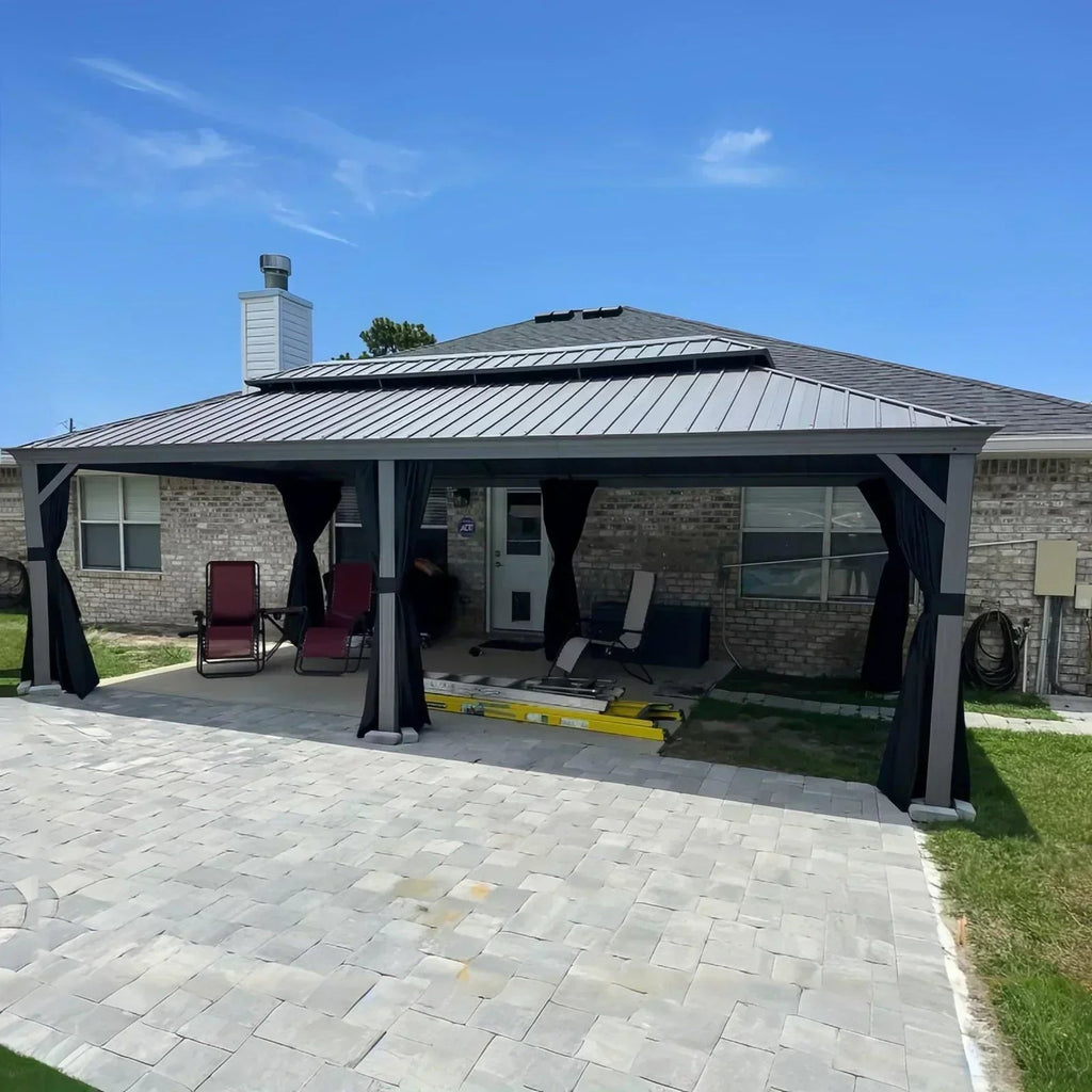 PURPLE LEAF Patio Gazebo for Pool Light Grey Hardtop Galvanized Steel Roof with Reinforcement Support Rod