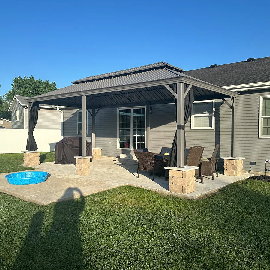 PURPLE LEAF Patio Gazebo for Pool Light Grey Hardtop Galvanized Steel Roof with Reinforcement Support Rod