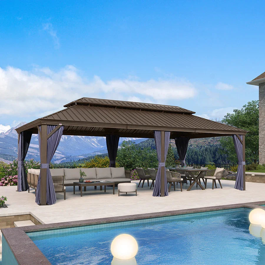 PURPLE LEAF Outdoor Hardtop Gazebo for Patio Bronze Aluminum Frame Pavilion with Navy-Blue Curtain
