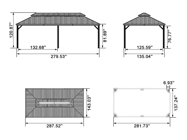 PURPLE LEAF Patio Gazebo for Backyard Grey Hardtop Galvanized Steel Roof Awning with Reinforcement Support Rod