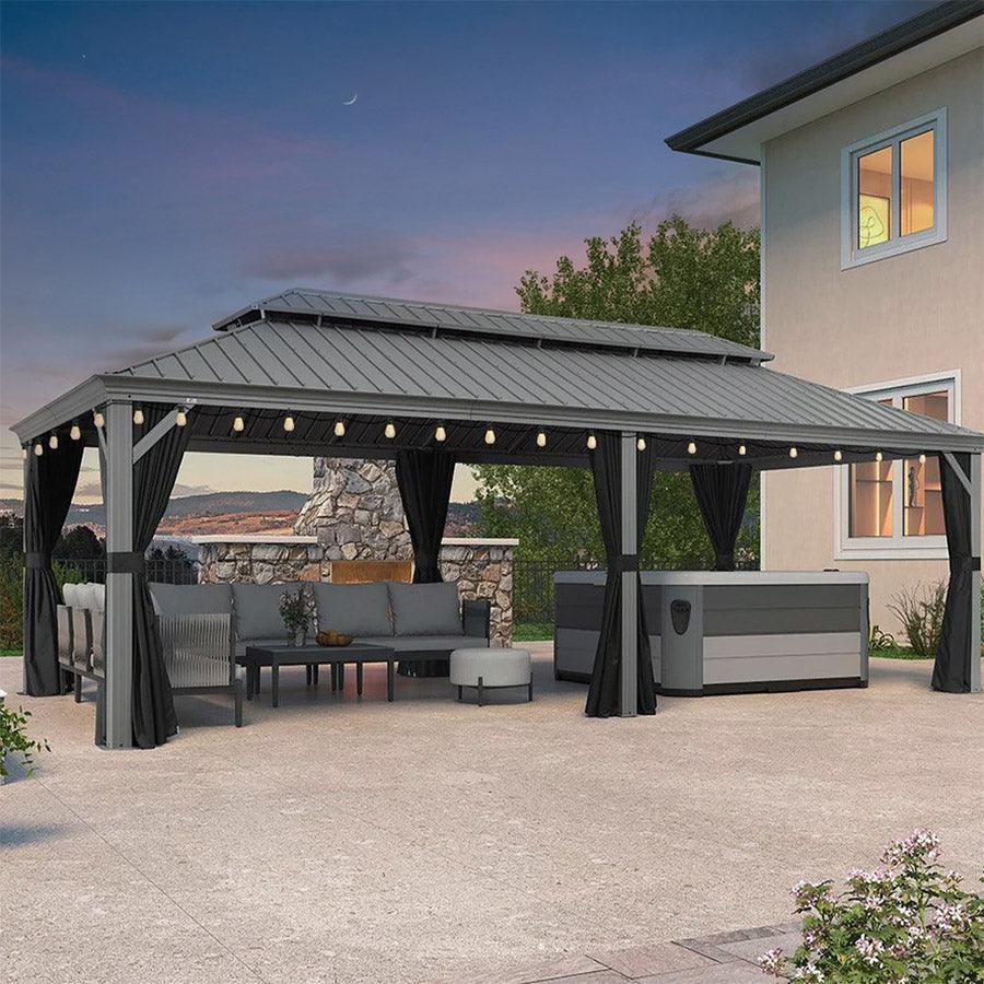 PURPLE LEAF Patio Gazebo for Pool Light Grey Hardtop Galvanized Steel Roof with String Lights-milky