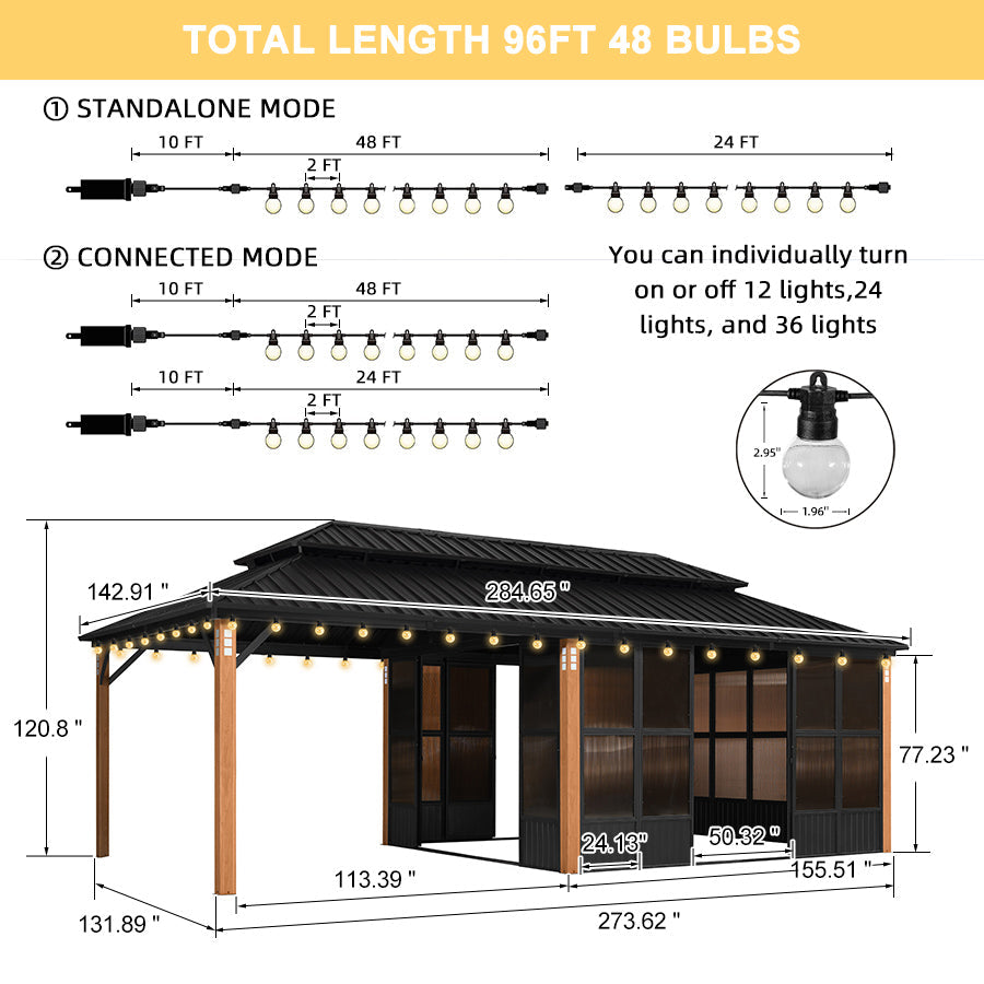 PURPLE LEAF Sunroom Hardtop Gazebo with Wood Grain Columns Black Frame Double Roof Galvanized Steel Solarium All-Weather Screen House with String Lights