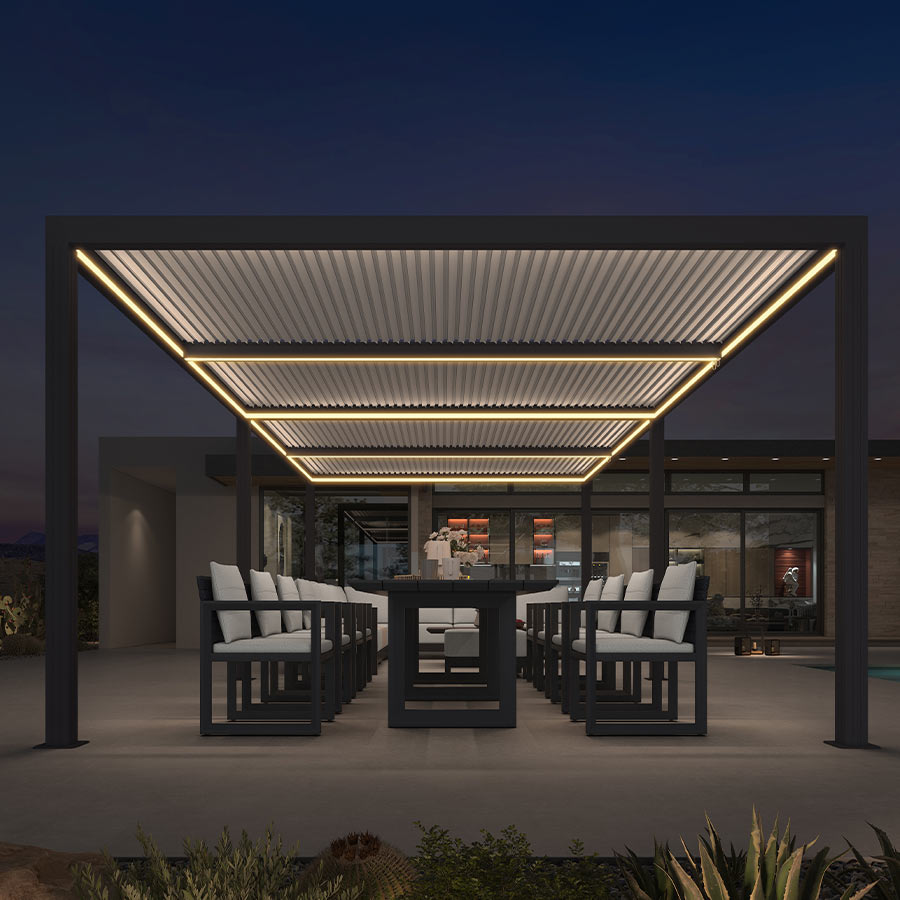 PURPLE LEAF Athena Louvered Pergola Grey Outdoor Aluminum Pergola with Strip Lights Adjustable Gazebo for Patio Deck Garden