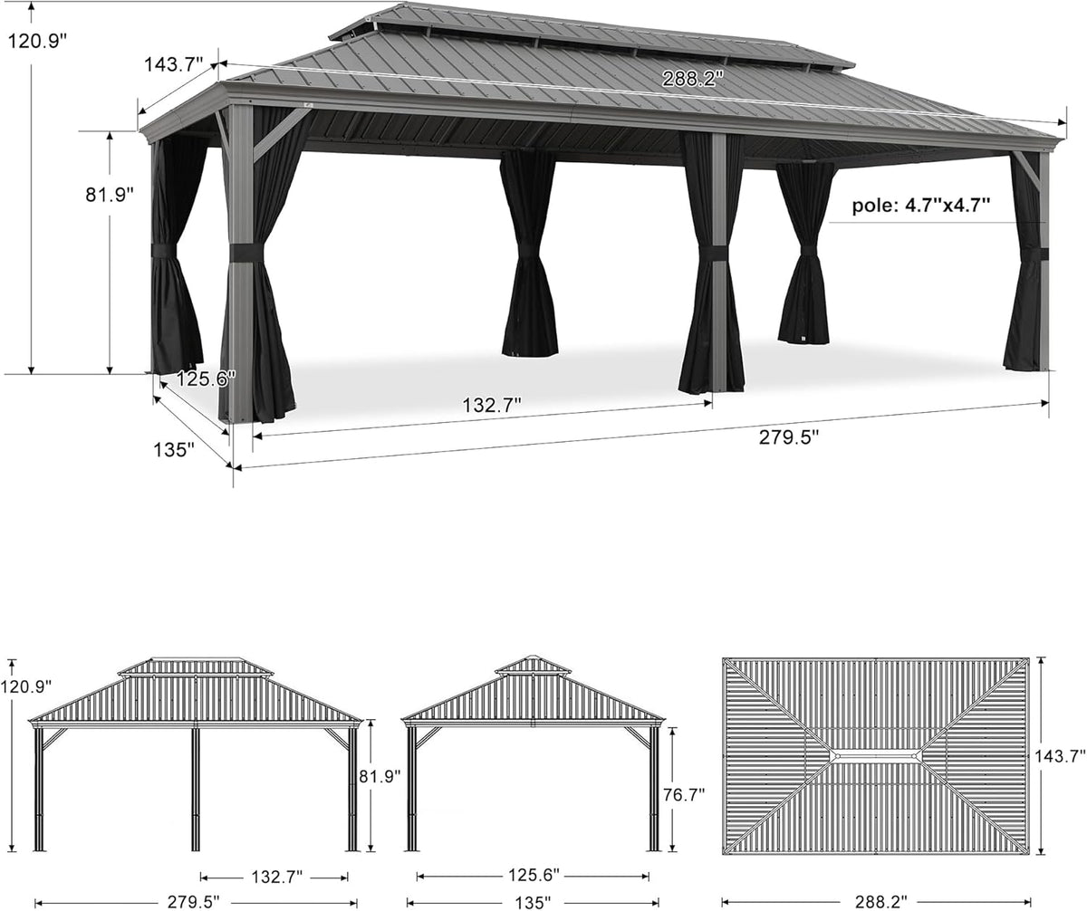 PURPLE LEAF Patio Gazebo for Pool Light Grey Hardtop Galvanized Steel Roof with Reinforcement Support Rod