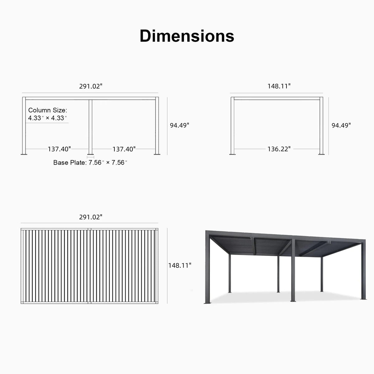PURPLE LEAF Athena Louvered Pergola Grey Outdoor Aluminum Pergola with Strip Lights Adjustable Gazebo for Patio Deck Garden