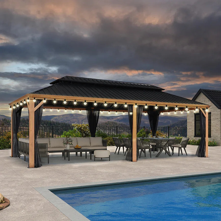 PURPLE LEAF – Pavillon à toit rigide pour terrasse, structure en aluminium effet bois avec guirlande lumineuse – clear