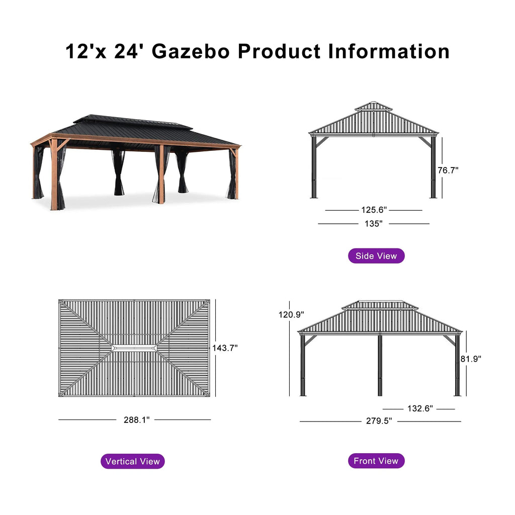 PURPLE LEAF Hardtop Gazebo for Patio Wood Grain Aluminum Frame Awning with String Lights-milky
