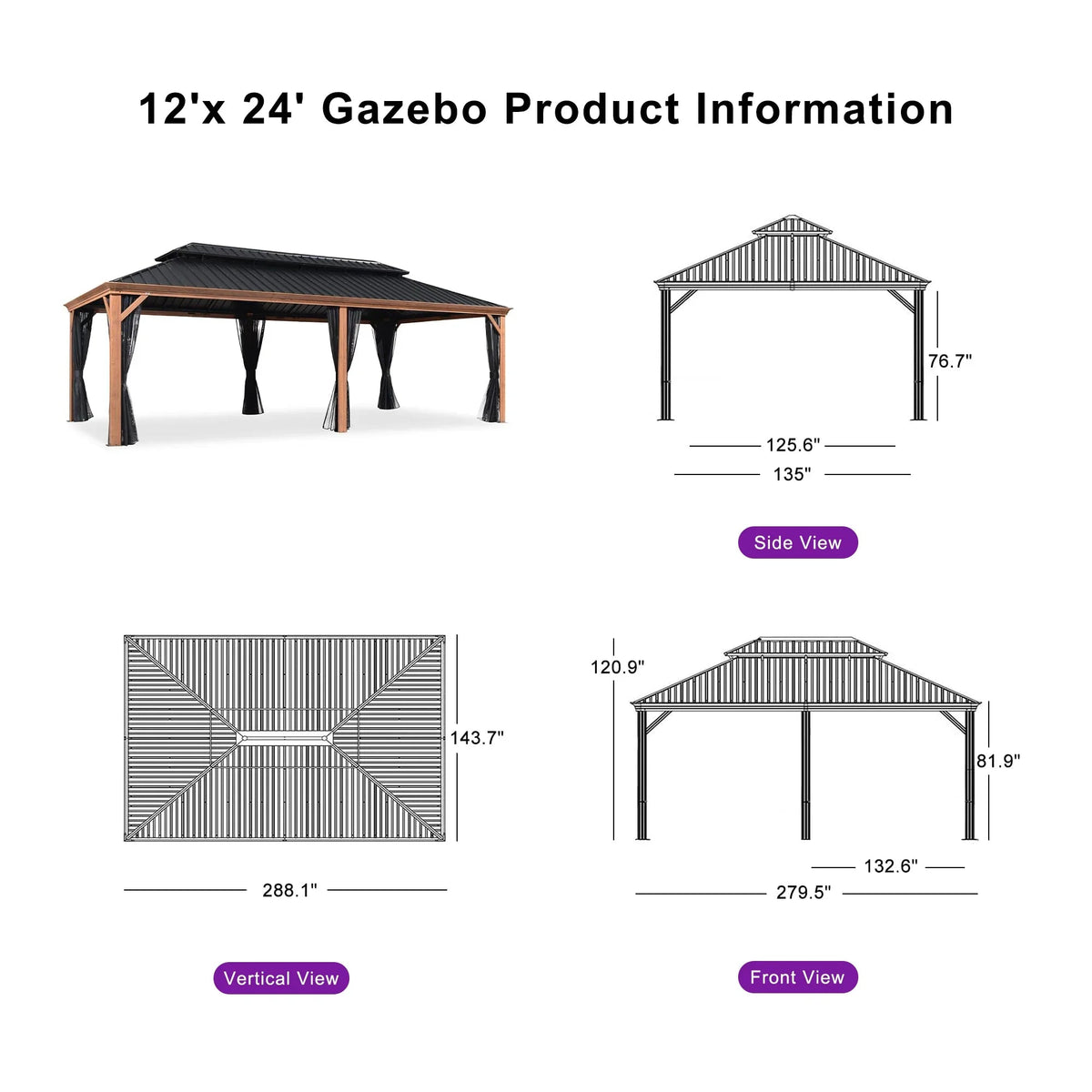 PURPLE LEAF Hardtop Gazebo for Patio Wood Grain Aluminum Frame Awning with String Lights-milky