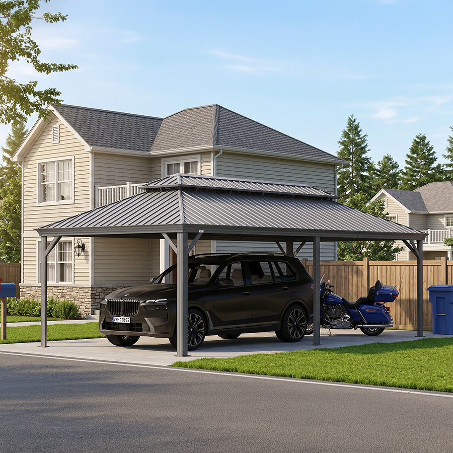 PURPLE LEAF Light Grey Metal Carport with Galvanized Steel Roof Heavy Duty Permanent Outdoor Car Shelter