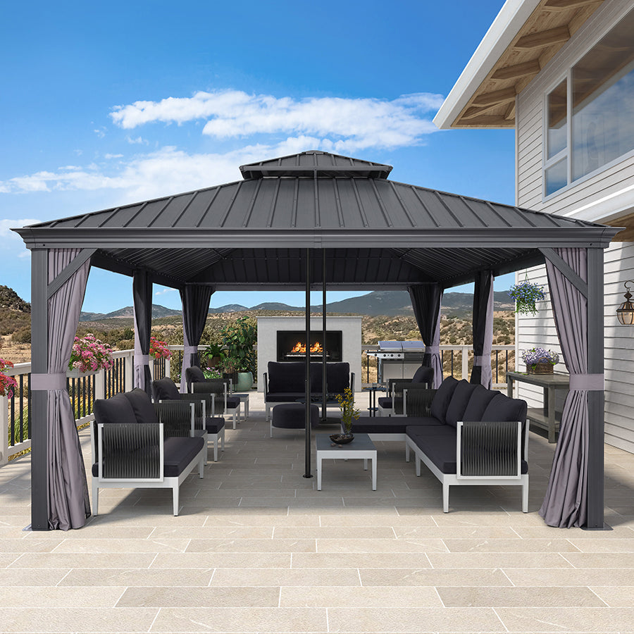 PURPLE LEAF Patio Gazebo for Backyard Grey Hardtop Galvanized Steel Roof Awning with Reinforcement Support Rod