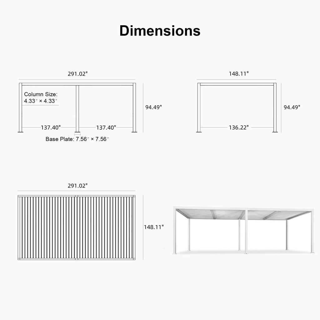 PURPLE LEAF Athena Louvered Pergola White Outdoor Aluminum Pergola with Roller Blind Adjustable Gazebo for Patio Deck Garden