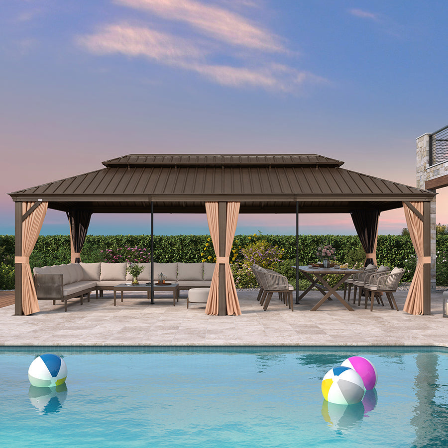 PURPLE LEAF Outdoor Hardtop Gazebo for Garden Bronze Double Roof Aluminum Frame Pavilion with Reinforcement Support Rod