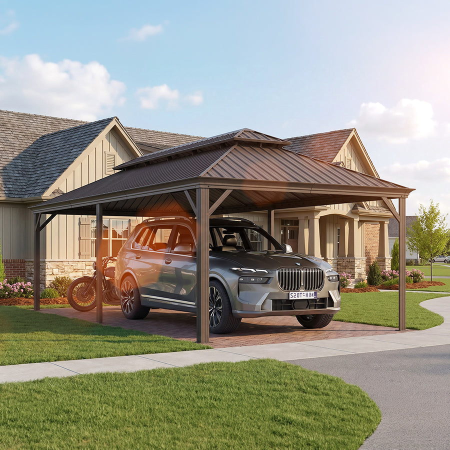 PURPLE LEAF – Abri voiture extérieur métallique avec toit en acier bronze et structure en aluminium