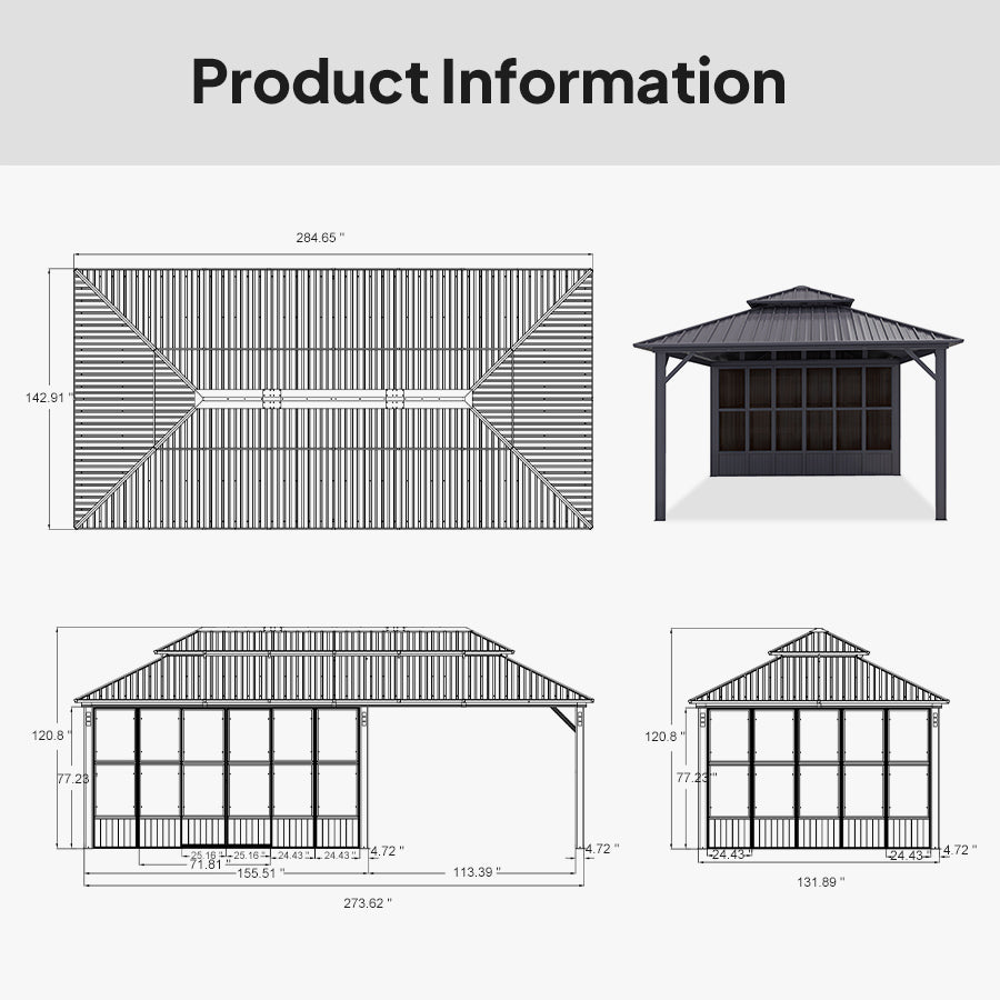 PURPLE LEAF Sunroom Hardtop Gazebo Solarium Grey Galvanized Steel Double Roof  All-Weather Aluminum Outdoor Screen House