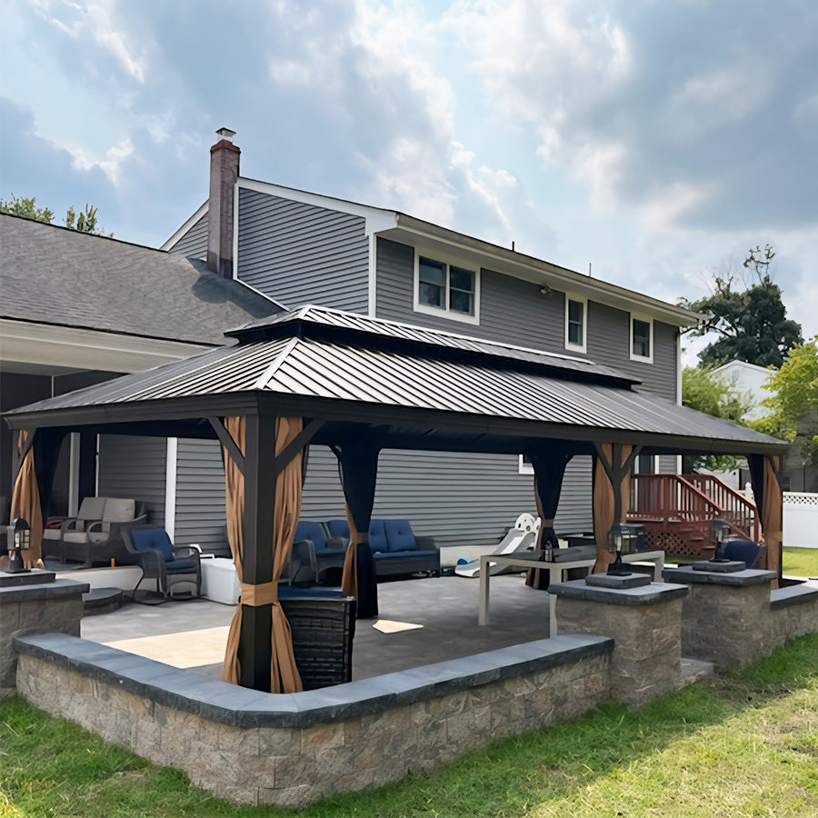 PURPLE LEAF Outdoor Hardtop Gazebo for Garden Bronze Double Roof Aluminum Frame Pavilion with String Lights-clear