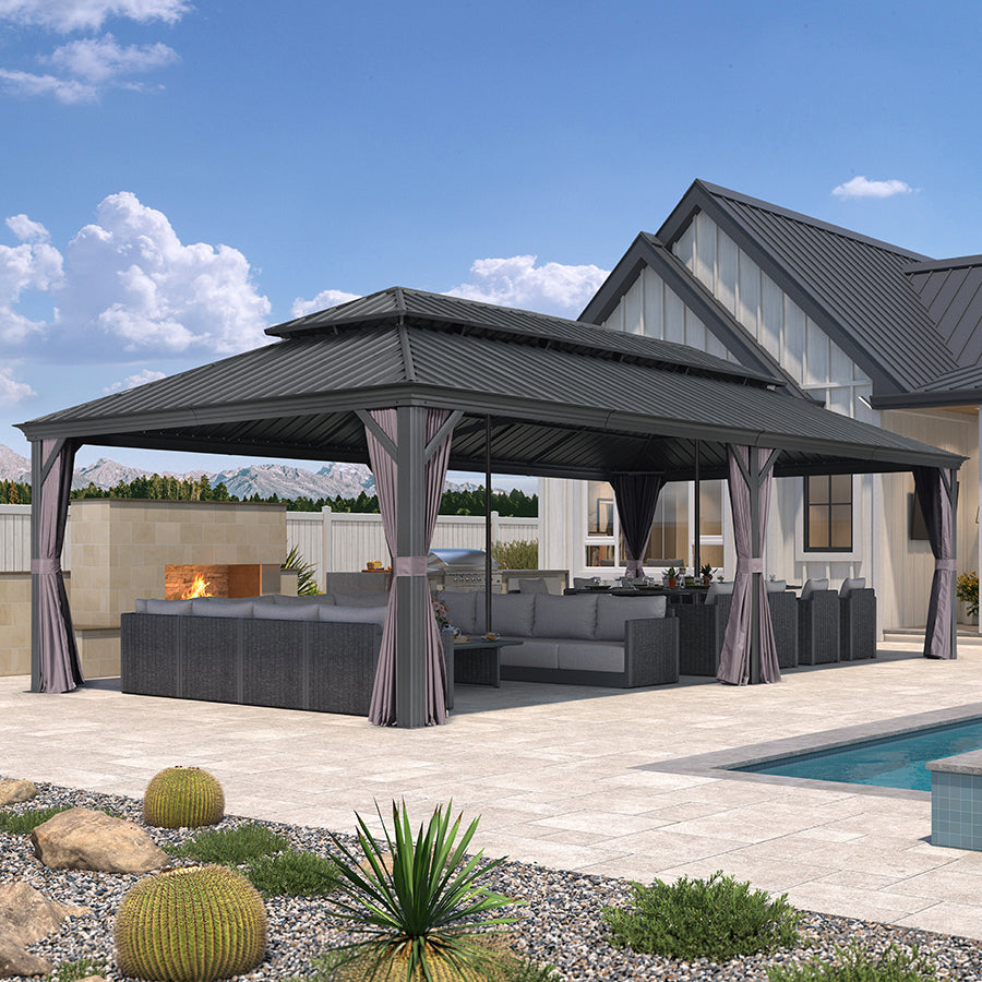 PURPLE LEAF Patio Gazebo for Backyard Grey Hardtop Galvanized Steel Roof Awning with Reinforcement Support Rod