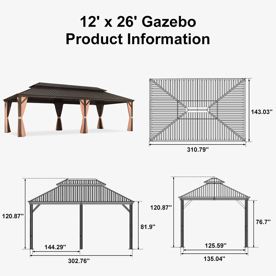 PURPLE LEAF Outdoor Hardtop Gazebo for Garden Bronze Double Roof Aluminum Frame Pavilion with Reinforcement Support Rod
