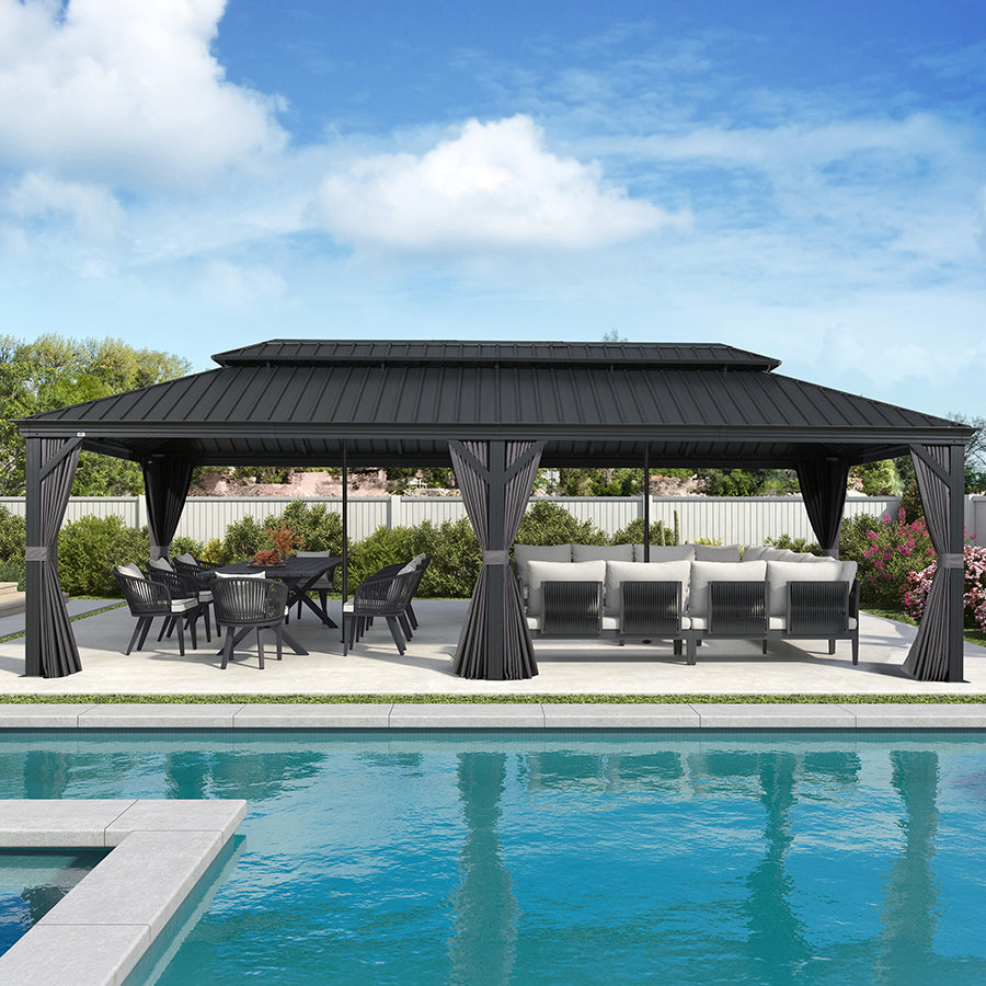 PURPLE LEAF Patio Gazebo for Backyard Grey Hardtop Galvanized Steel Roof Awning with Reinforcement Support Rod