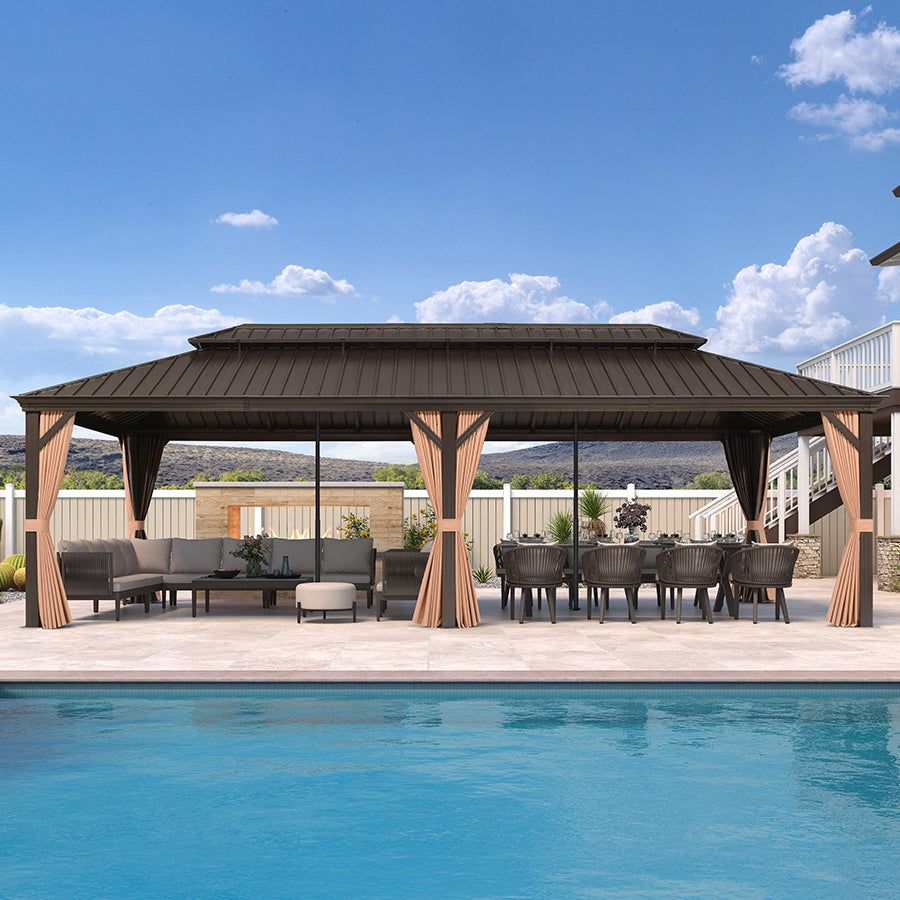 PURPLE LEAF Outdoor Hardtop Gazebo for Garden Bronze Double Roof Aluminum Frame Pavilion with Reinforcement Support Rod
