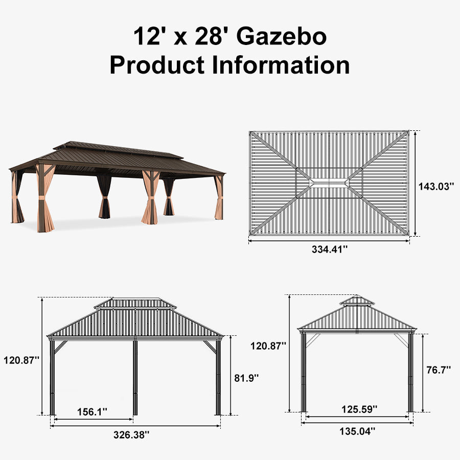 PURPLE LEAF Outdoor Hardtop Gazebo for Garden Bronze Double Roof Aluminum Frame Pavilion with String Lights-clear