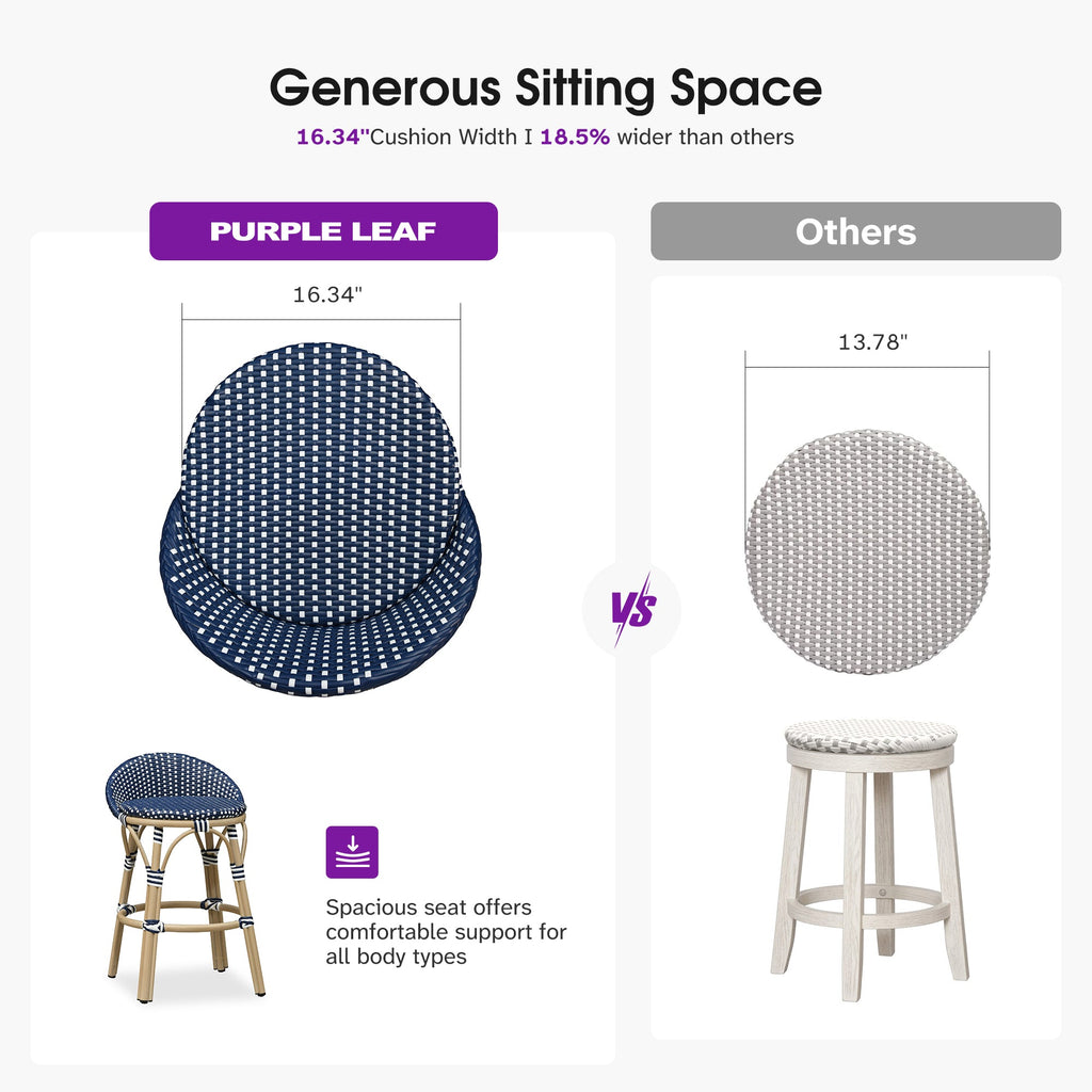 PURPLE LEAF Patio Oversized Backrest Bar Height Stool Set of 2 Outdoor Round Barstools Aluminum Frame Woven Rattan for Indoor Kitchen Dining Bistros Cafe Restaurant