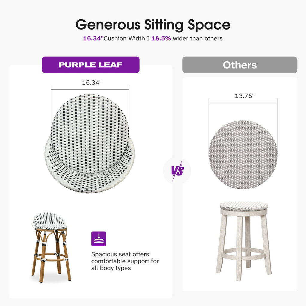 PURPLE LEAF Patio Oversized Backrest Bar Height Stool Set of 2 Outdoor Round Barstools Aluminum Frame Woven Rattan for Indoor Kitchen Dining Bistros Cafe Restaurant