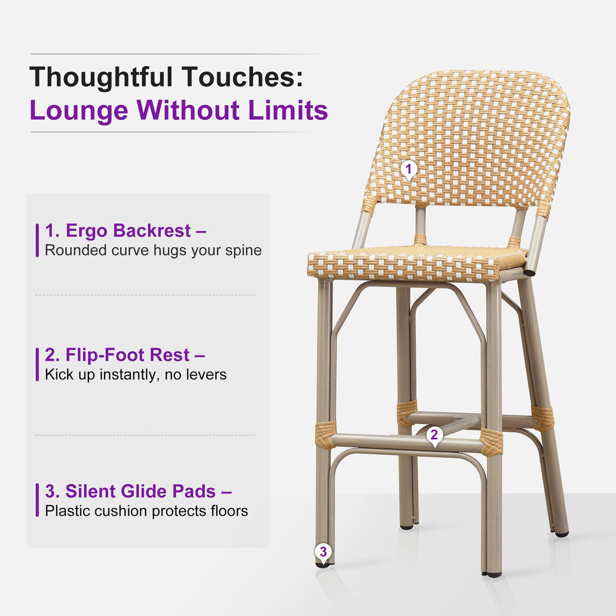 PURPLE LEAF Outdoor Bar Height Stools Set of 2 French Country Patio Rattan Bar Stool Chairs Outdoor Armless Barstools for Porch Garden Indoor Kitchen