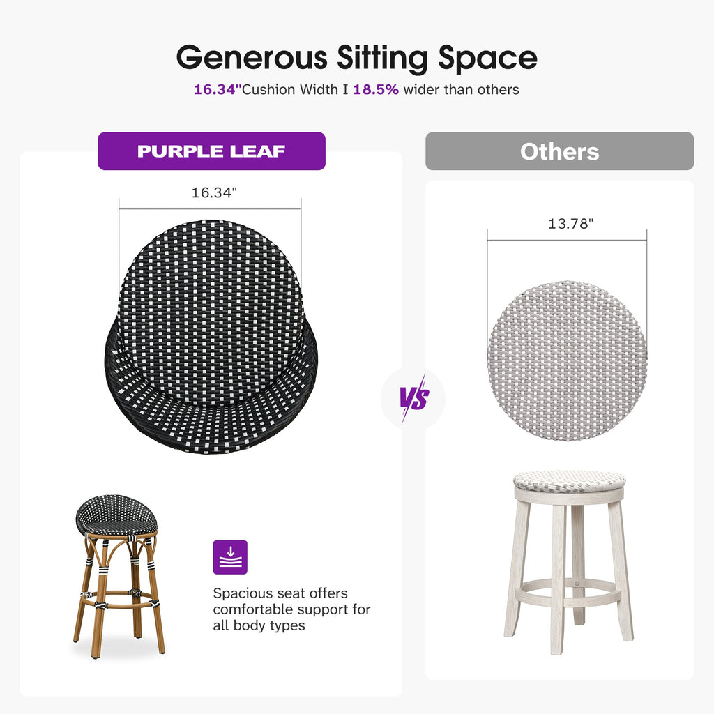 PURPLE LEAF Patio Oversized Backrest Bar Height Stool Set of 2 Outdoor Round Barstools Aluminum Frame Woven Rattan for Indoor Kitchen Dining Bistros Cafe Restaurant