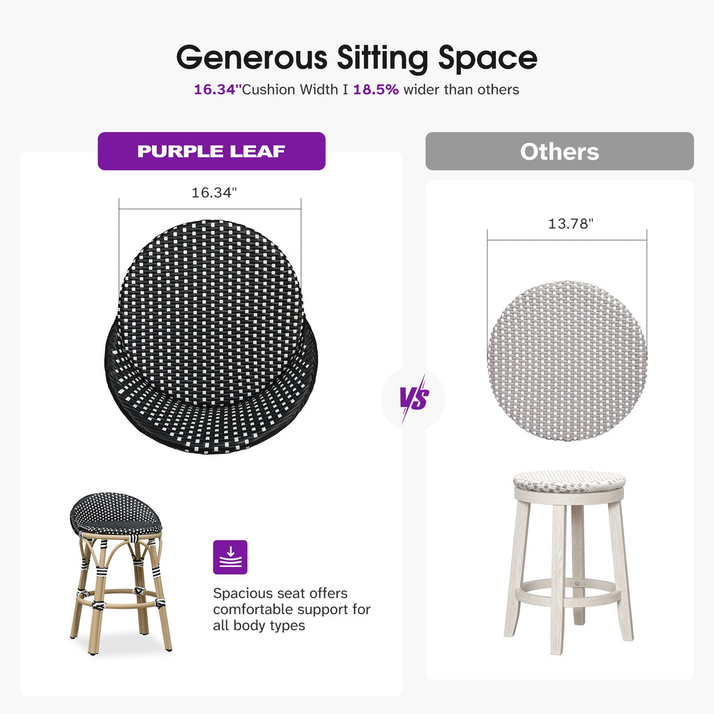 PURPLE LEAF Patio Oversized Backrest Bar Height Stool Set of 2 Outdoor Round Barstools Aluminum Frame Woven Rattan for Indoor Kitchen Dining Bistros Cafe Restaurant