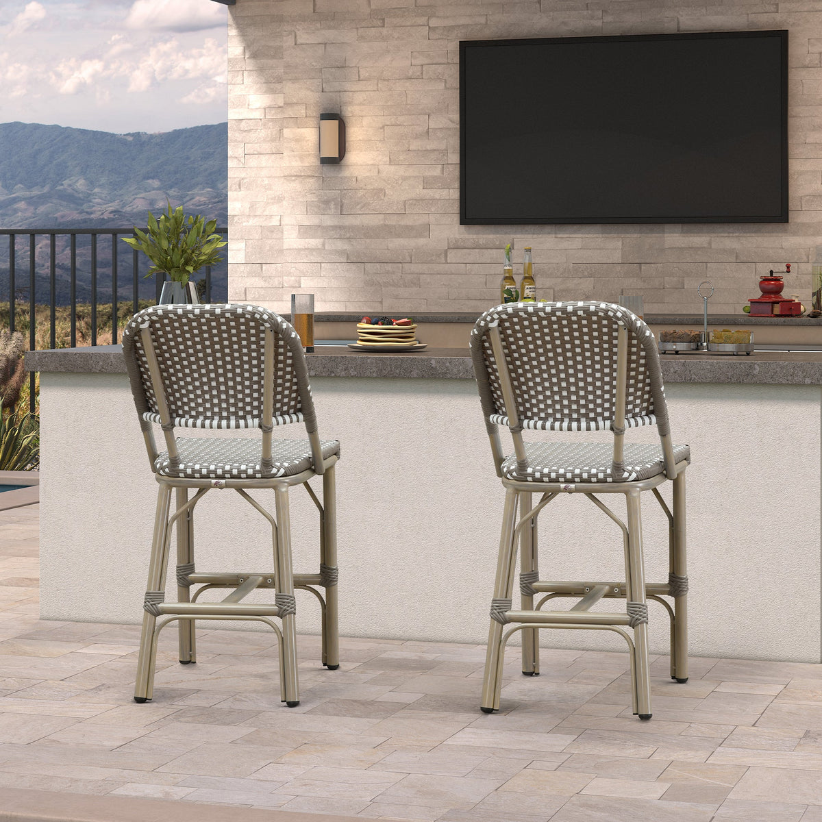PURPLE LEAF Outdoor Bar Height Stools Set of 2 French Country Patio Rattan Bar Stool Chairs Outdoor Armless Barstools for Porch Garden Indoor Kitchen