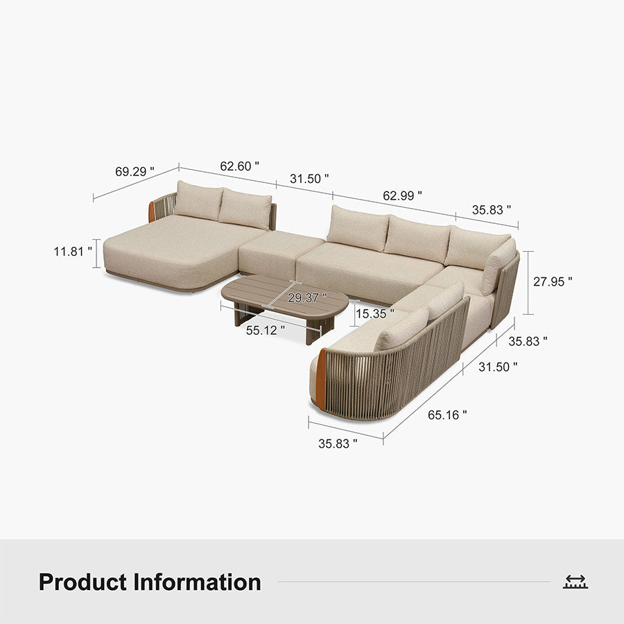 PURPLE LEAF Hailar L-Shaped Patio Conversation Set with Genuine Teak Cushions and Pillows Olefin Rope Backrest Outdoor Couch Sets for Backyard Porch