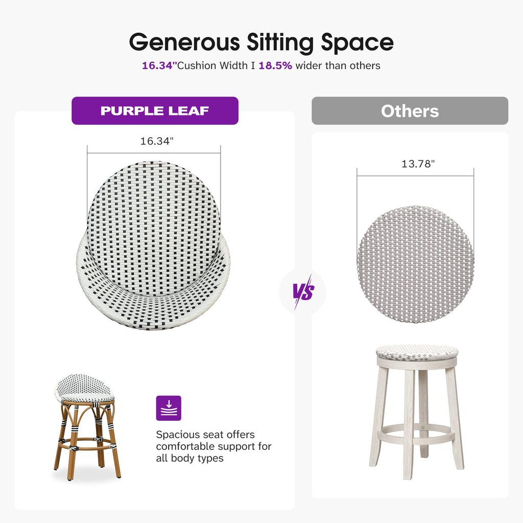PURPLE LEAF Patio Oversized Backrest Bar Height Stool Set of 2 Outdoor Round Barstools Aluminum Frame Woven Rattan for Indoor Kitchen Dining Bistros Cafe Restaurant