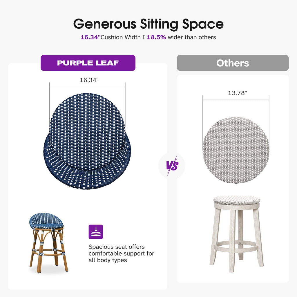 PURPLE LEAF Patio Oversized Backrest Bar Height Stool Set of 2 Outdoor Round Barstools Aluminum Frame Woven Rattan for Indoor Kitchen Dining Bistros Cafe Restaurant