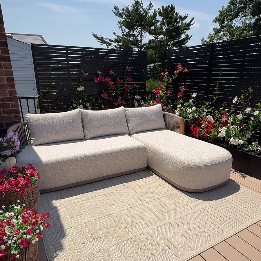 PURPLE LEAF Hailar L-Shaped Patio Conversation Set with Genuine Teak Cushions and Pillows Olefin Rope Backrest Outdoor Couch Sets for Backyard Porch