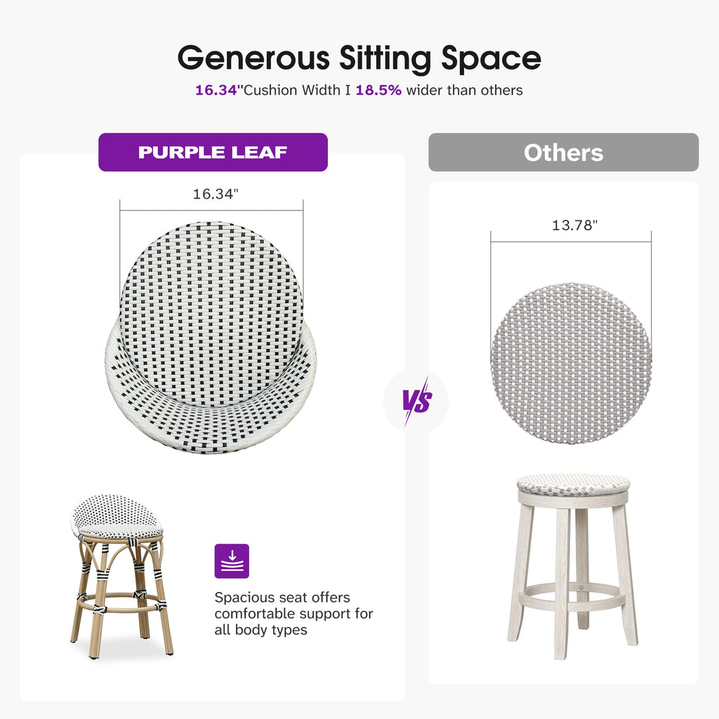 PURPLE LEAF Patio Oversized Backrest Bar Height Stool Set of 2 Outdoor Round Barstools Aluminum Frame Woven Rattan for Indoor Kitchen Dining Bistros Cafe Restaurant