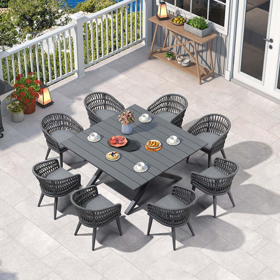 PURPLE LEAF Modern Outdoor Dining Table with 6/8/10 Seats, All-Weather Aluminum Table and Rattan Chairs with Cushions, Champagne