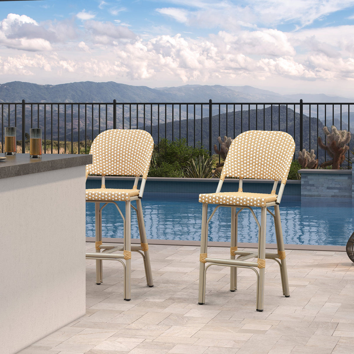 PURPLE LEAF Outdoor Bar Height Stools Set of 2 French Country Patio Rattan Bar Stool Chairs Outdoor Armless Barstools for Porch Garden Indoor Kitchen