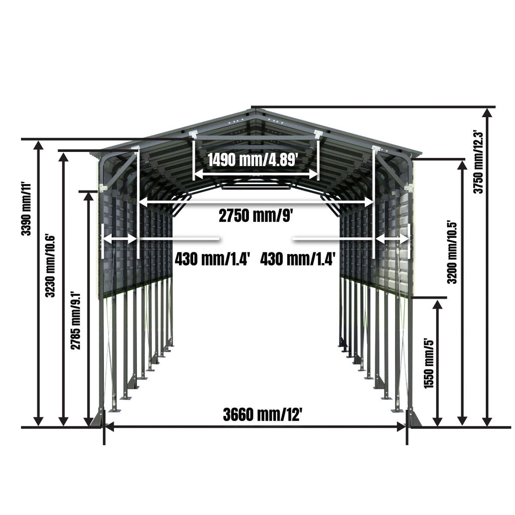 12' x 30' Metal Shed Boat Shelter, 12.3' Peak Height, 11' Clearance TMG-MSB1230