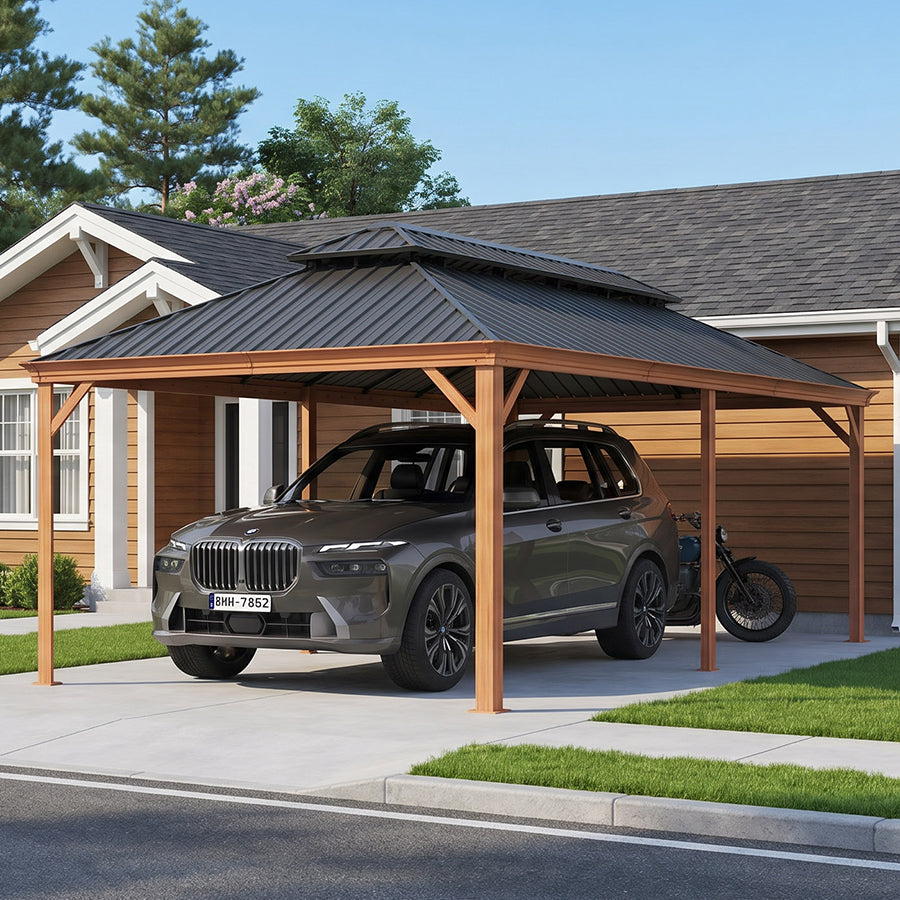 PURPLE LEAF Outdoor Aluminum Carport Heavy-Duty with Wood Grain Aluminum Frame