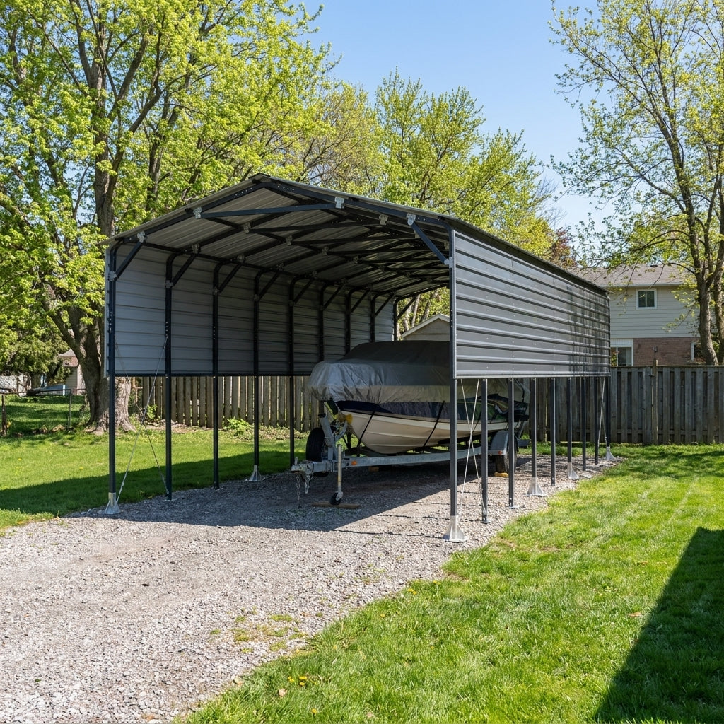 12' x 30' Metal Shed Boat Shelter, 12.3' Peak Height, 11' Clearance TMG-MSB1230