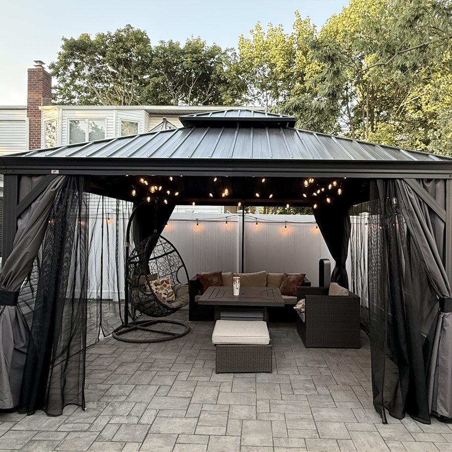 PURPLE LEAF Patio Gazebo for Backyard Grey Hardtop Galvanized Steel Roof Awning with Upgrade Curtain