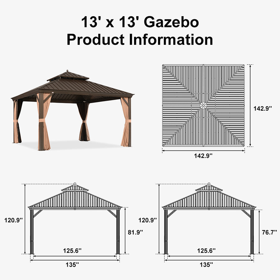PURPLE LEAF Outdoor Hardtop Gazebo for Garden Bronze Double Roof Aluminum Frame Pavilion with String Lights-clear