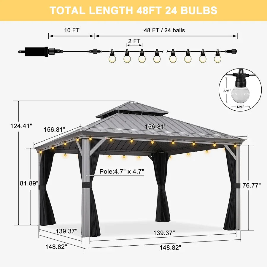 PURPLE LEAF Patio Gazebo for Pool Light Grey Hardtop Galvanized Steel Roof with String Lights-clear