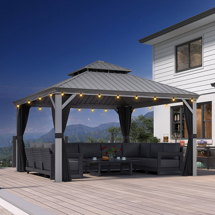 PURPLE LEAF Patio Gazebo for Pool Light Grey Hardtop Galvanized Steel Roof with String Lights-clear