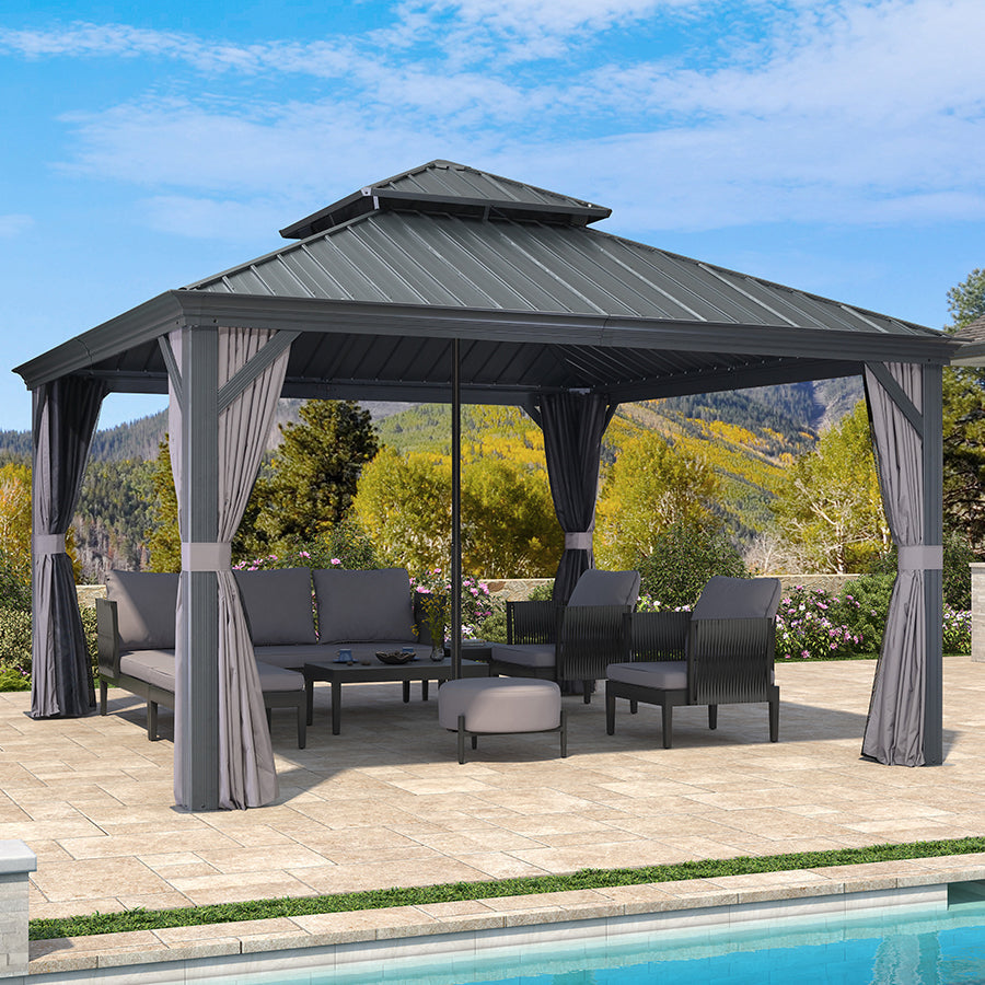 PURPLE LEAF Patio Gazebo for Backyard Grey Hardtop Galvanized Steel Roof Awning with Reinforcement Support Rod