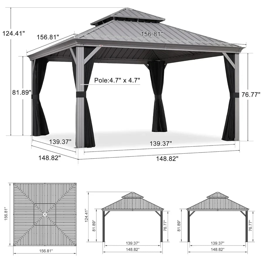 PURPLE LEAF Patio Gazebo for Pool Light Grey Hardtop Galvanized Steel Roof with Upgraded Curtains