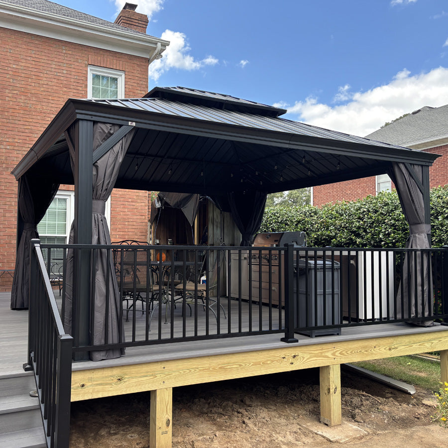 PURPLE LEAF Patio Gazebo for Backyard Grey Hardtop Galvanized Steel Roof Awning String Lights-milky